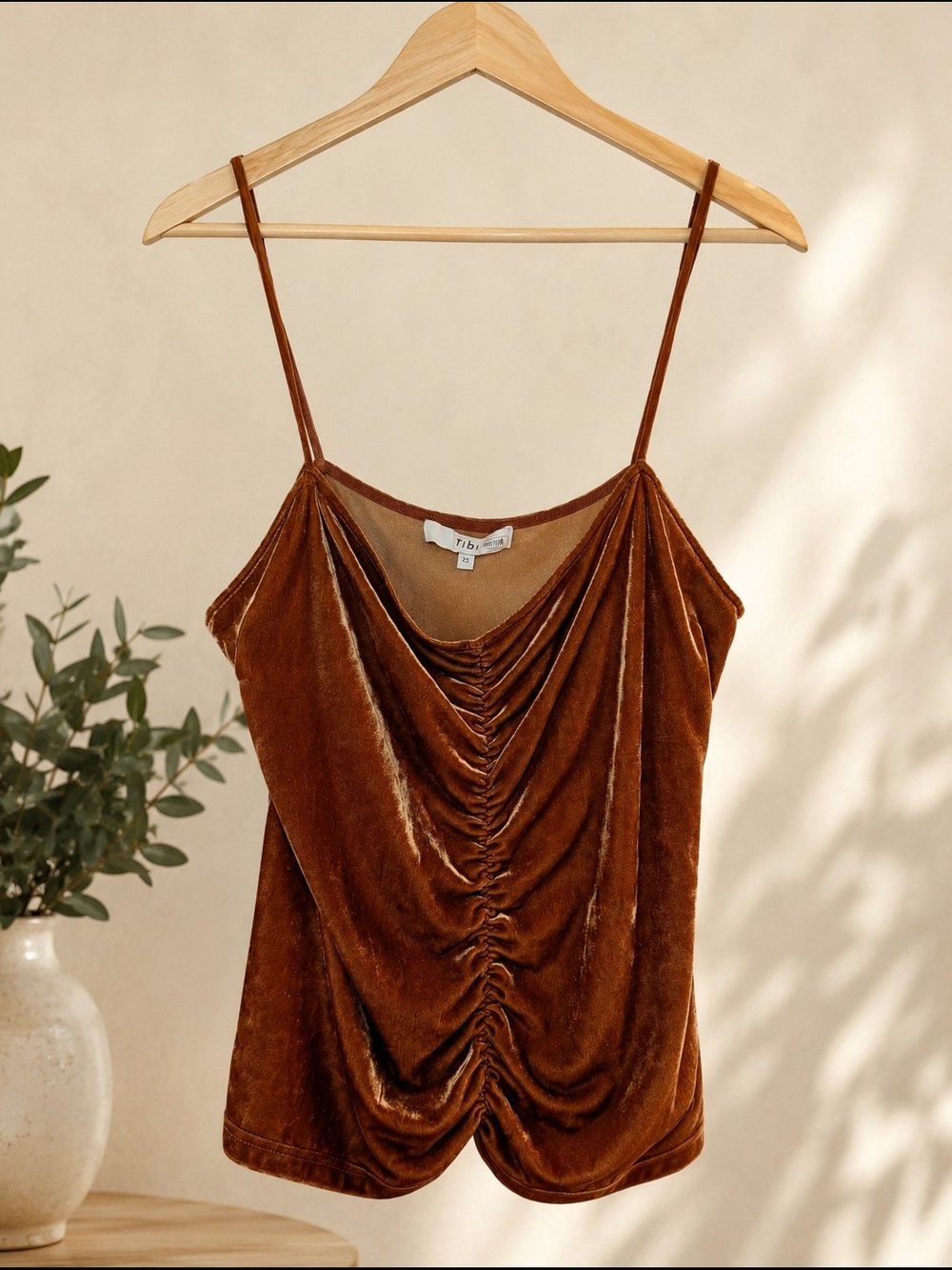 Tibi Velvet Ruched Cami in Brown